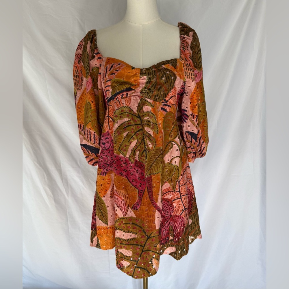 Kourt Robbie Palm Eyelet Puff Sleeve Mini Dress - Tropical Print - Size Medium